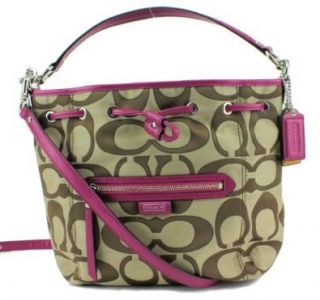 Coach 25675 Khaki & Bright Magenta Daisy Outline Signature Drawstring Handbag: Cross Body Handbags: Shoes
