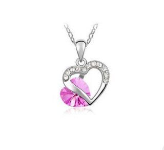 Bemaystar Rhodium Plated Charming Heart Shape With Pink Crystal Necklace: Jewelry