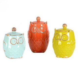 3 Piece Set Galzed Ceramic Owl Canister Jar Removable Lids Kitchen Home Decor Accent Orane red, Lime green, Aqua blue  Cookie Jars  