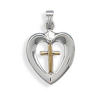 Rhodium Plated Sterling Silver Heart with Cross Charm: Pendants: Jewelry