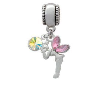 Small Silver Fairy with Pink Resin Wings Charm Bead with Clear AB Crystal Dangle: Jewelry