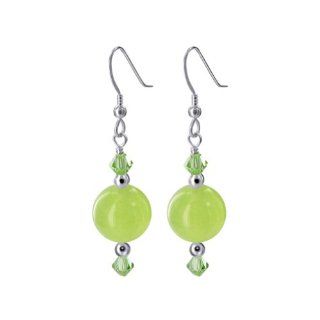 Sterling Silver Fish Hook Findings Dangle Earrings Made with Swarovski Elements Green Agate and Crystal: Jewelry