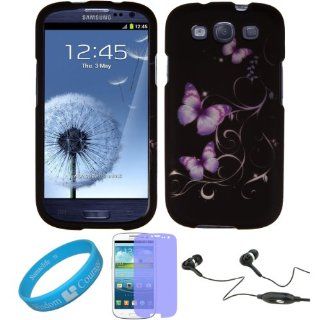 Black Purple Butterfly 2 piece Snap on Cover Shield Protector for Samsung Galaxy S III Android Smartphone (fits all Samsung Galaxy S3 models) + Clear Screen Protector + Black Hands free Headphones + SumacLife TM Wisdom Courage Wristband: Cell Phones & 