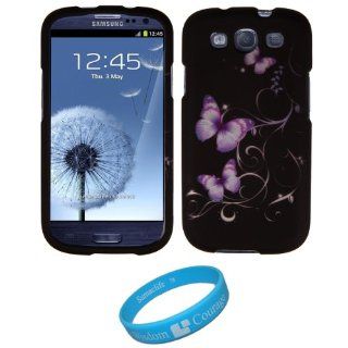 Black Purple Butterfly 2 piece Snap on Cover Shield Protector for Samsung Galaxy S III Android Smartphone (fits all Samsung Galaxy S3 models) + SumacLife TM Wisdom Courage Wristband: Cell Phones & Accessories