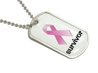 Breast Cancer Survivor Ribbon Military Dog Tag Keychain: Automotive