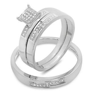 0.15 Carat (ctw) Sterling Silver Round White Diamond Men and Women's Micro Pave Engagement Ring Trio Bridal Set: Wedding Ring Sets: Jewelry