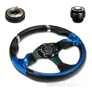 SW T370+HUB OH124+QL 2, 320mm 12.5" Black PVC Leather Blue Trim Black Spoke 6 Hole Racing Aluminum Steering Wheel with OH124 Short Hub Adapter and 2" Slim Quick Release with Horn Button Automotive