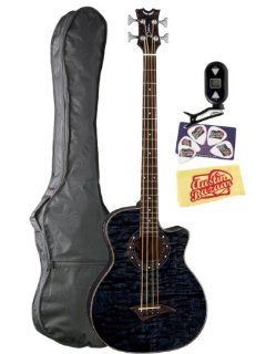 Dean Exotica Series Quilt Ash Acoustic Electric Bass Guitar, Aphex Bundle with Tuner, Picks, and Polishing Cloth   Trans Black: Musical Instruments