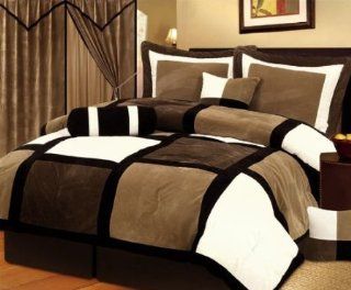 7 Piece Black Brown Beige Micro Suede Patchwork Comforter Set Machine Washable, Bed in a Bag  King Size  