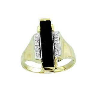 Onyx (Rectangle) & Diamond Ring 14K Yellow Gold (Great For Pointer Finger) RMC Worldwide Jewelry