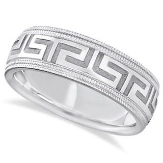 Modern Carved Greek Key Wedding Band Diamond Cut Ring For Men in Platinum (7mm) Wide Band Allurez Jewelry
