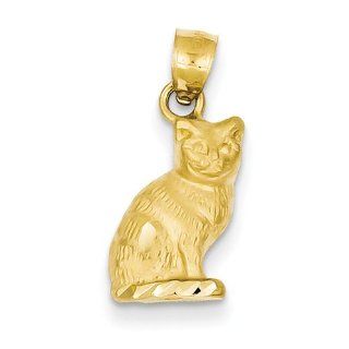 14K Yellow Gold Diamond cut Cat Charm Pendant: Jewelry