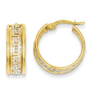 14k Yellow Gold & Rhodium Greek Key Hoop Earrings. Metal Wt  3.29g: Jewelry