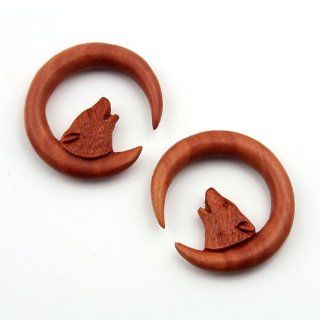 10G Pair Organic Sawo Wood Spiral Wolf Design Ear Hanging Hook Taper plugs Gauges: Body Piercing Tapers: Jewelry