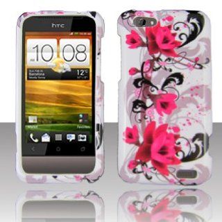 HTC One V White with Red Floral Flowers Black Vines Design Snap On Hard Protective Cover Case Cell Phone Cell Phones & Accessories