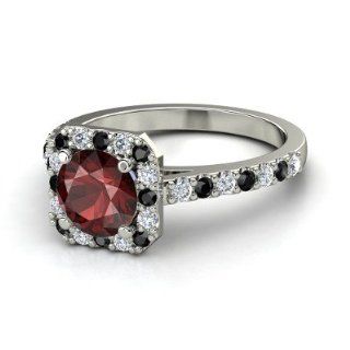 Adele Ring Round Red Garnet 14K White Gold Ring with Black Diamond & Diamond: Jewelry