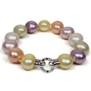 15mm Multi Color Baroque Shell Pearl Bracelet With Black Diamond Silver Clasp Jewelry