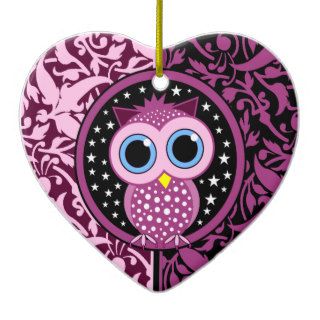 pink damask and cute owl christmas tree ornament
