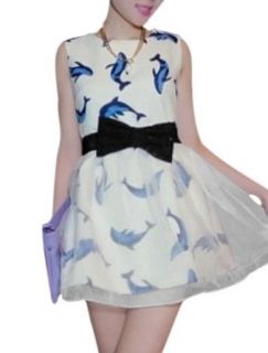 Women Dolphin Pattern Sleeveless Patchwork A line Dress w Belt at  Womens Clothing store: