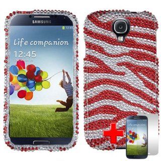 Samsung Galaxy S4 i9500   2 Piece Snap On Rhinestone/Diamond/Bling Case Cover, Red Zebra Stripes Silver Cover + LCD Clear Screen Saver Protector: Cell Phones & Accessories