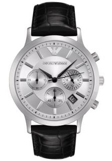 Emporio Armani AR2436  Watches,Mens Classic Chronograph Silver Dial Black Embossed Leather, Chronograph Emporio Armani Quartz Watches