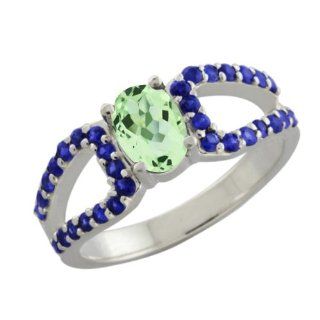 1.64 Ct Oval Green Amethyst Blue Sapphire 14K White Gold Ring Jewelry