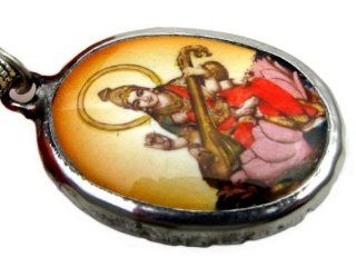Saraswati, Hindu Goddess of Learning, Music and Poetry, Full Color Enamel Tan Tone Pendant with Ball Chain Necklace and Organza Pouch: Jewelry