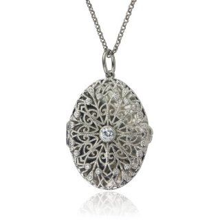 Platinum Plated Sterling Silver Simulated Diamond Oval Locket, 21.75": Jewelry