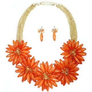 Hugssy Multi Strands Pendant Flowers Statement Necklace Earrings Set, Orange: Jewelry