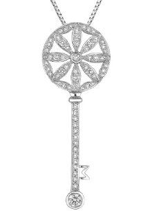18K White Gold Vintage Style Ferris Wheel Pave Diamond Accent Key Pendant w/ 925 Silver Chain Necklace, 16" (0.40 cttw, G H Color, VS2 SI1 Clarity): Jewelry