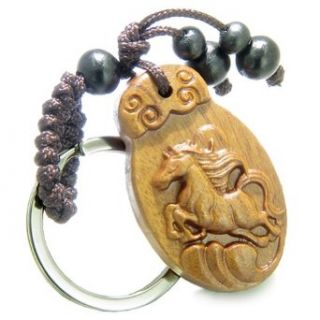 Amulet Sandal Wood Lucky Horse Earth Elements Feng Shui Natural Powers Keychain Jewelry