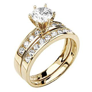 14K Yellow Gold Solitaire Round CZ Cubic Zirconia with Side stone High Polish Finish Ladies Wedding Engagement Ring and Matching Band 2 Two Piece Sets Jewelry
