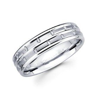 Solid 14k White Gold Womens Mens Hammered Satin Wedding Ring Band 6MM Size 10: Jewelry
