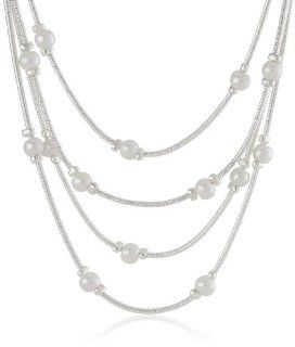 Napier "Polished Pearls" Silver Tone Pearl Multi Row Collar Necklace, 19" Pearl Strands Jewelry