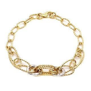 14k Italian Yellow and White Gold Textured Oval Link Bracelet, 7": Jewelry
