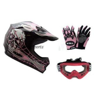 TMS Youth Black Pink Skull Dirt Bike ATV Motocross Helmet with Goggles and Gloves (Large): Automotive