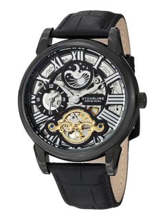 Mens Black & Stainless Steel Skeleton Watch by Stuhrling Original