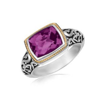 18K Yellow Gold and Sterling Silver Rectangular Amethyst Ring: Jewelry