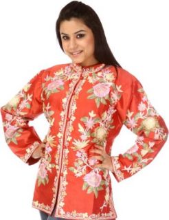 Exotic India Rose of Sharon Jacket from Kashmir with Ari Embroidered Flow   Rose: Clothing