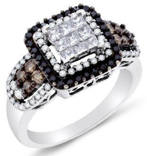 14K White Gold Halo Invisible Set Princess and Round Cut White and Chocolate Brown Diamond Engagement Ring OR Fashion Band   Square Princess Shape Center Setting   (1.00 cttw.): Jewelry