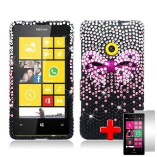 Nokia Lumia 521 (T Mobile) 2 Piece Snap On 3D Rhinestone/Diamond/Bling Case Cover, Pink Bowtie Black/Silver Waterfall Cover + LCD Clear Screen Saver Protector Cell Phones & Accessories