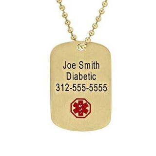 Mens Medical Alert Dog Tag Name Pendant in Gold Tone Stainless Steel