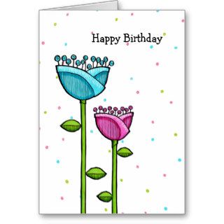 Fun Doodle Flowers blue pink dots Birthday Card