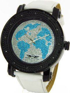 Mens King Master Genuine Diamond Watch World Map Black Case White Leather Band w/ 2 Interchangeable Watch Bands #KM 534: King Master: Watches