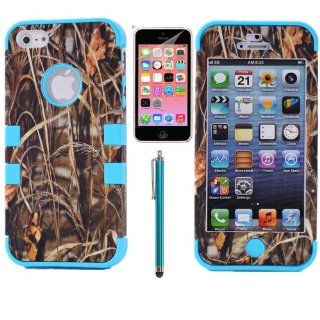 XYUN 3 pieces Straw Grass Mossy Camo Hybrid Hard Silicone Cover Case for Iphone 5c with Free Screen Protector and Stylus (Blue): Cell Phones & Accessories