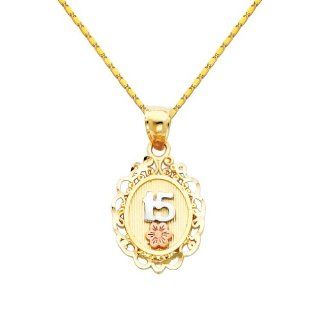 14K 3 Tri color Gold 15 Aos Charm Pendant with Yellow Gold 1mm Snail Link Chain Necklace with Spring Ring Clasp   Pendant Necklace Combination (Different Chain Lengths Available) The World Jewelry Center Jewelry