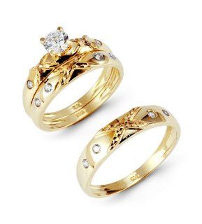 14k Yellow Rose Gold Ribbed X CZ Stone Wedding Trio Set: Wedding Ring Sets: Jewelry
