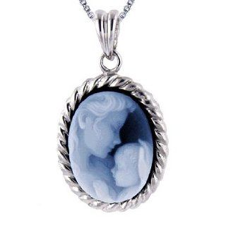 Sterling Silver Oval Frame 16x12mm Blue Agate Mother and Baby Cameo Pendant W/18" Chain: Pendant Necklaces: Jewelry