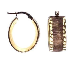 14k Chocolate and Yellow Gold Brushed Finish Design Oval Hoop Earrings with Diamond Cut Edge: Jewelry