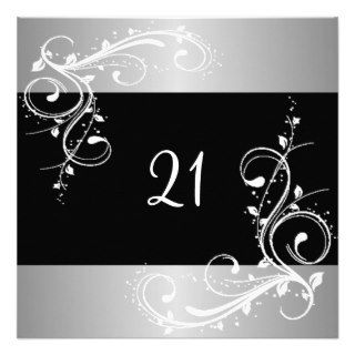 21st Birthday Party Black Silver White Floral Personalized Invite